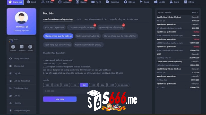 lựa chọn nạp tiền S666 me